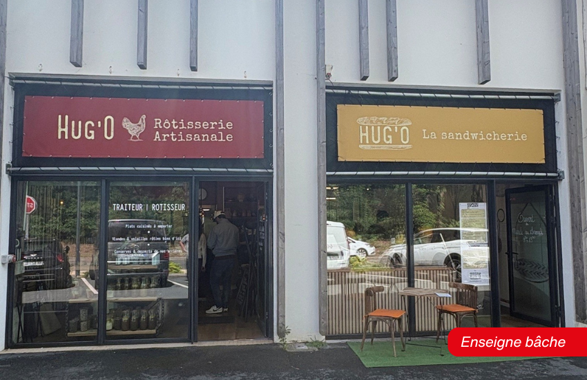 Bâches enseignes installées sur les façades de Hug’O.